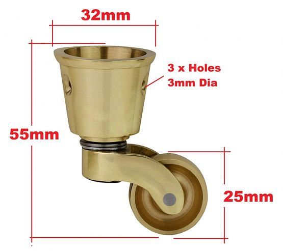 High Quality Solid Brass Castor Caster with 25mm Wheel (Single Piece) – Genuine Solid Polished Brass – Antique Vintage – Cup Style Fitting – Polished Brass – UK Company - Image 3