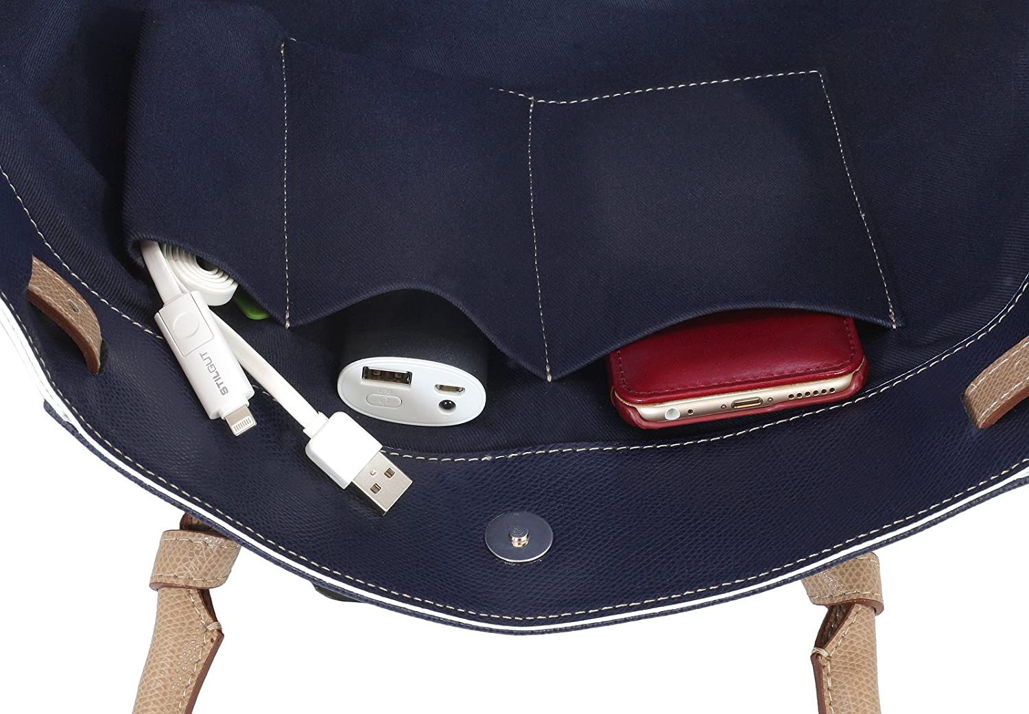 StilGut® Marina, Genuine Italian Leather Handbag with integrated Power Bank and Magic Twin cable, dark blue/white - Image 4