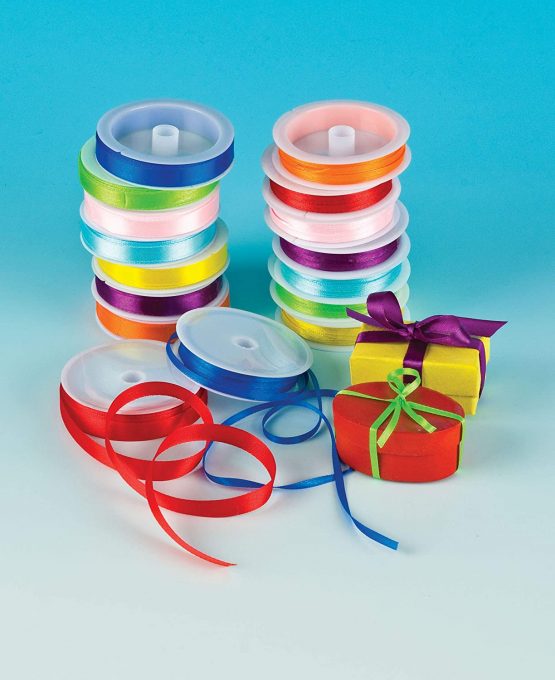 Baker Ross Coloured Satin Ribbon Value Pack 8 Colour, 4mm & 10mm 7.5m/Reel for Kid's Craft & Card Making(Pack of 16 reels) - Image 2