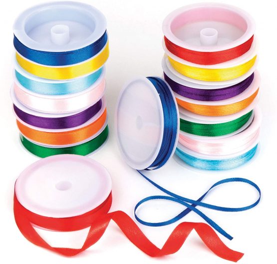Baker Ross Coloured Satin Ribbon Value Pack 8 Colour, 4mm & 10mm 7.5m/Reel for Kid's Craft & Card Making(Pack of 16 reels)