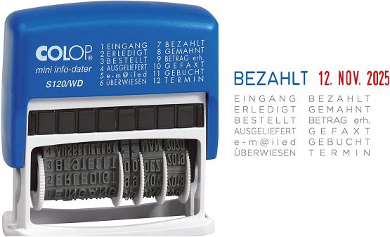 Colop S120/WD MiniInfoDater Letter Height 4 mm Ink Pad Blue/Red 12 Texts