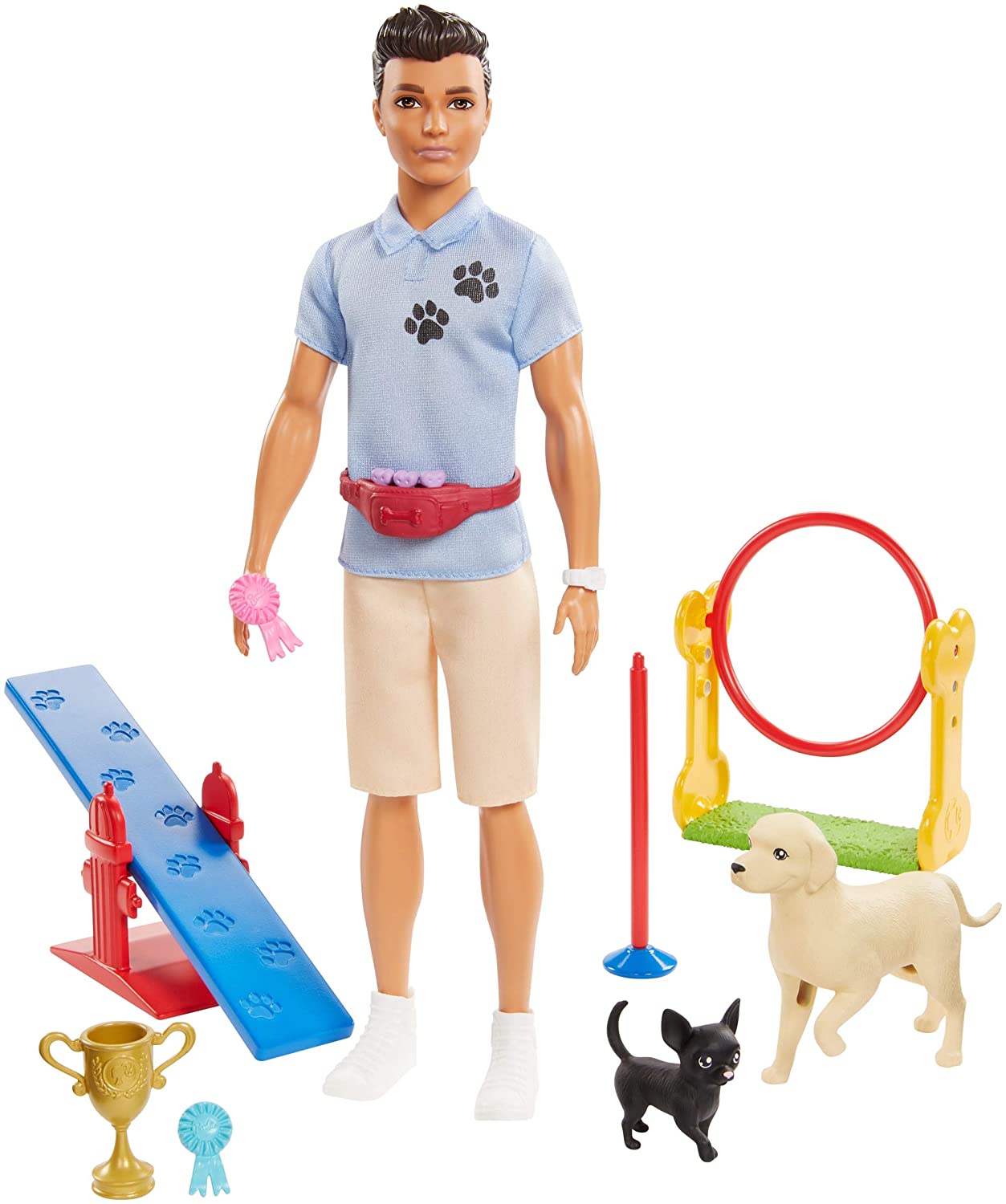 Barbie Ken Dog Trainer Playset with Doll, 2 Dog Figures, Hoop Ring, Balance Bar, Jumping Bar