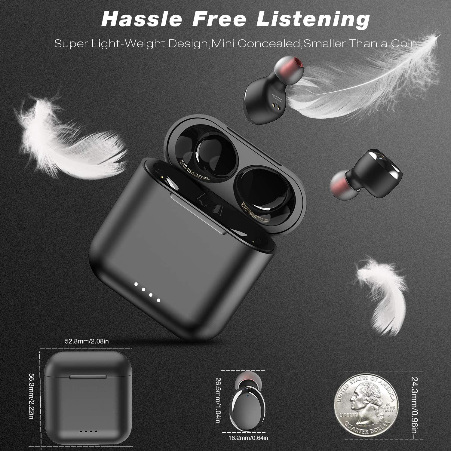TOZO T6 True Wireless Earbuds Bluetooth Headphones Touch Control with Wireless Charging Case IPX8 Waterproof Stereo Earphones in-Ear Built-in Mic Headset Premium Deep Bass for Sport (Black) - Image 4