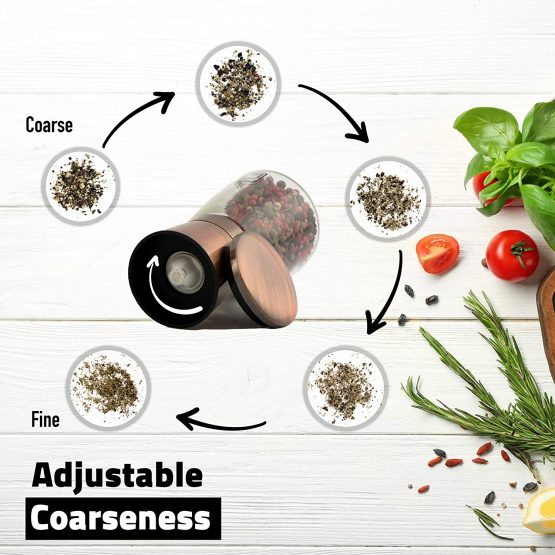 Premium Copper Salt and Pepper Mill Set - Stainless Steel Grinder Set with Stand, Magnetic Lids, Ceramic Spice Grinders with Adjustable Coarseness, Top Salt and Pepper Shakers with Glass Body - 2pcs - Image 3