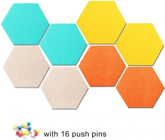 HyFanStr Coloured Hexagon Felt Board Bulletin Board, Memo Display Board Small Notice Board, Hexagon Cork Tiles to Keep Photos with 16 Push Pins, Pack of 8