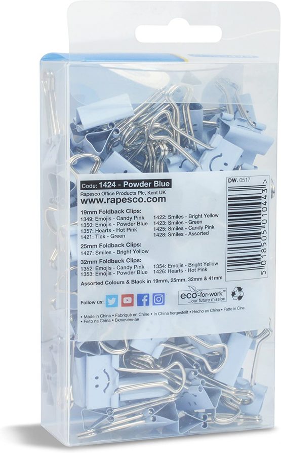 Rapesco 1424 19 mm Smiles Foldback Clips, Powder Blue, Pack of 80 - Image 3