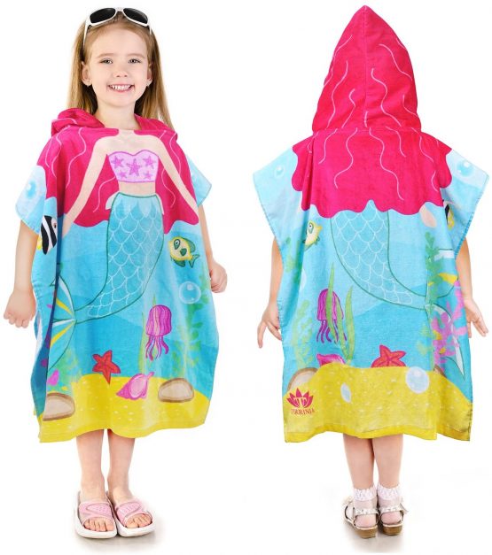 Kato Tirrinia Kids Hooded Poncho Towels, Mermaid Beach Swim Towel for 2 to 7 Years Girls, 100% Cotton Water Absorption Sand Proof Poncho Changing Robe