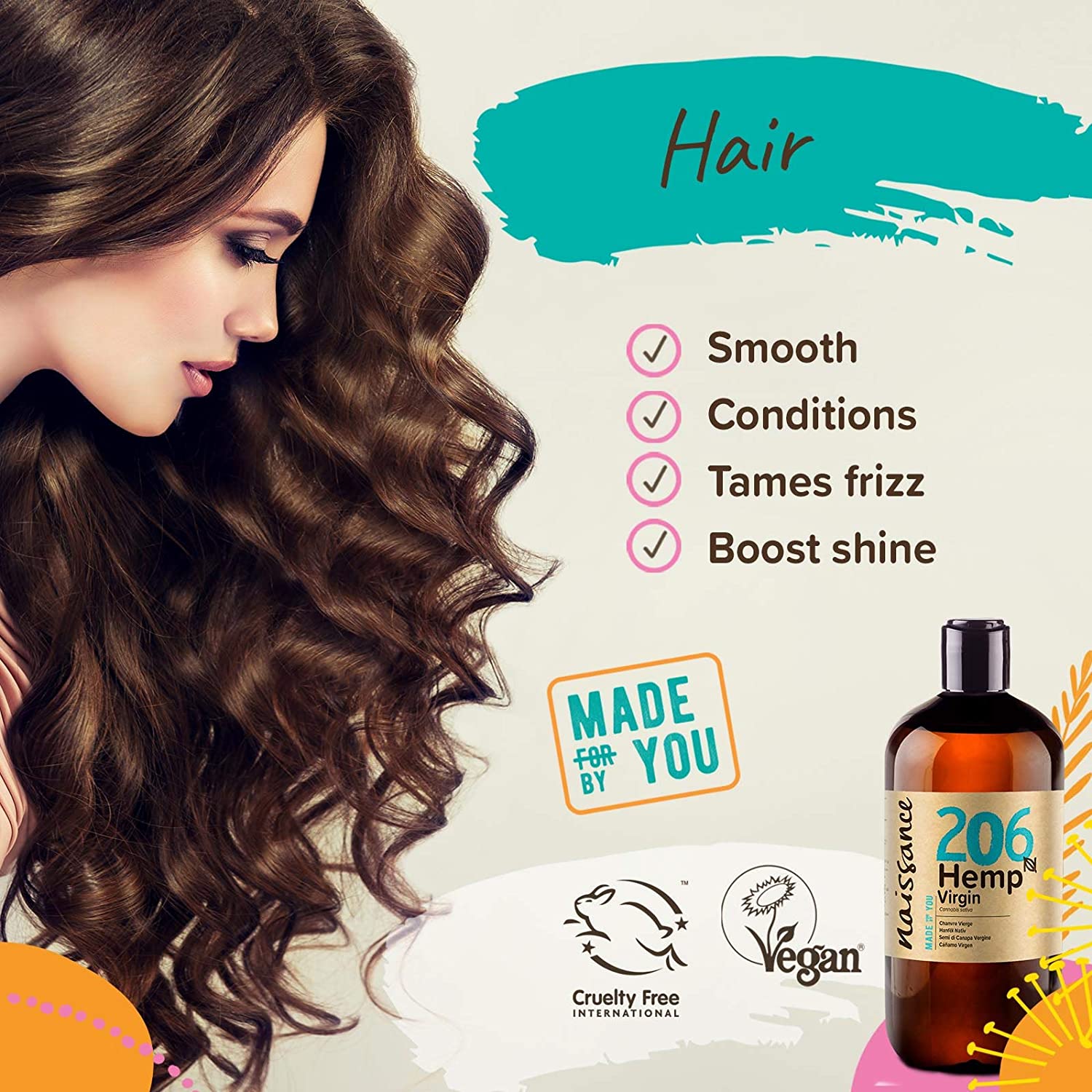 Naissance Cold Pressed Hemp Seed Oil (No. 206) - 450ml - Natural Moisturiser for Skin Face, Beard, Nails, Hair, Body, Scalp - Image 2