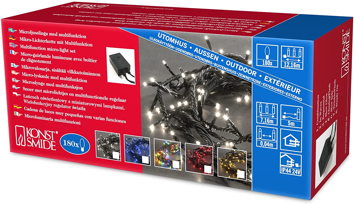 Konstsmide Christmas Outdoor Fairy Lights Plug In/Indoor or Outdoor Use (IP44)/Multifunction Micro Light Set 8 Programme Control Box/180 Clear Bulbs/Green Cable Strings Lights