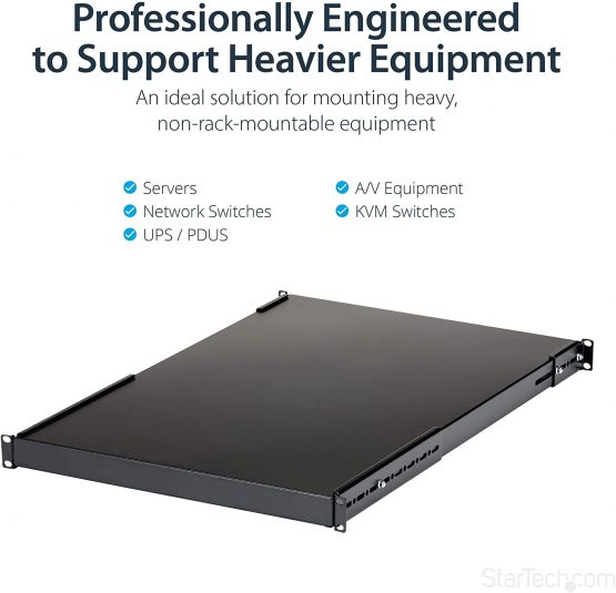 StarTech 1U Adjustable Server Rack Mount Shelf - 175lbs - 19.5 to 38in Deep Universal Tray for 19" AV, Data & Network Equipment Rack (ADJSHELFHD) - Image 3