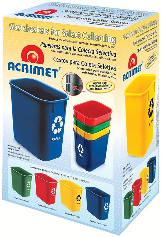 Acrimet Wastebasket Bin for Recycling 12L (Made of Plastic) (Metal/Yellow, Paper/Blue, Glass/Green, Plastic/Red) (Set of 4) - Image 4