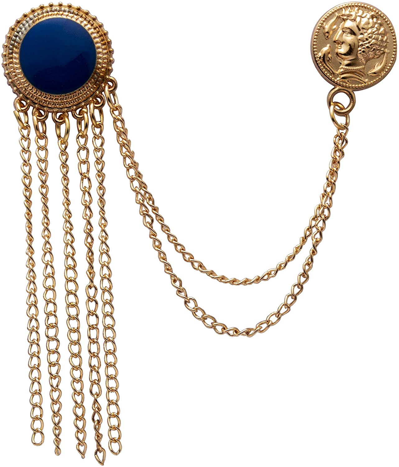 Brooch Lapel Pin for Men Blue Enamel with Hanging Chains and Honorary Gold Coin Detailing Lapel Pin Badge Coat Suit Wedding Gift Party Shirt Collar Accessories