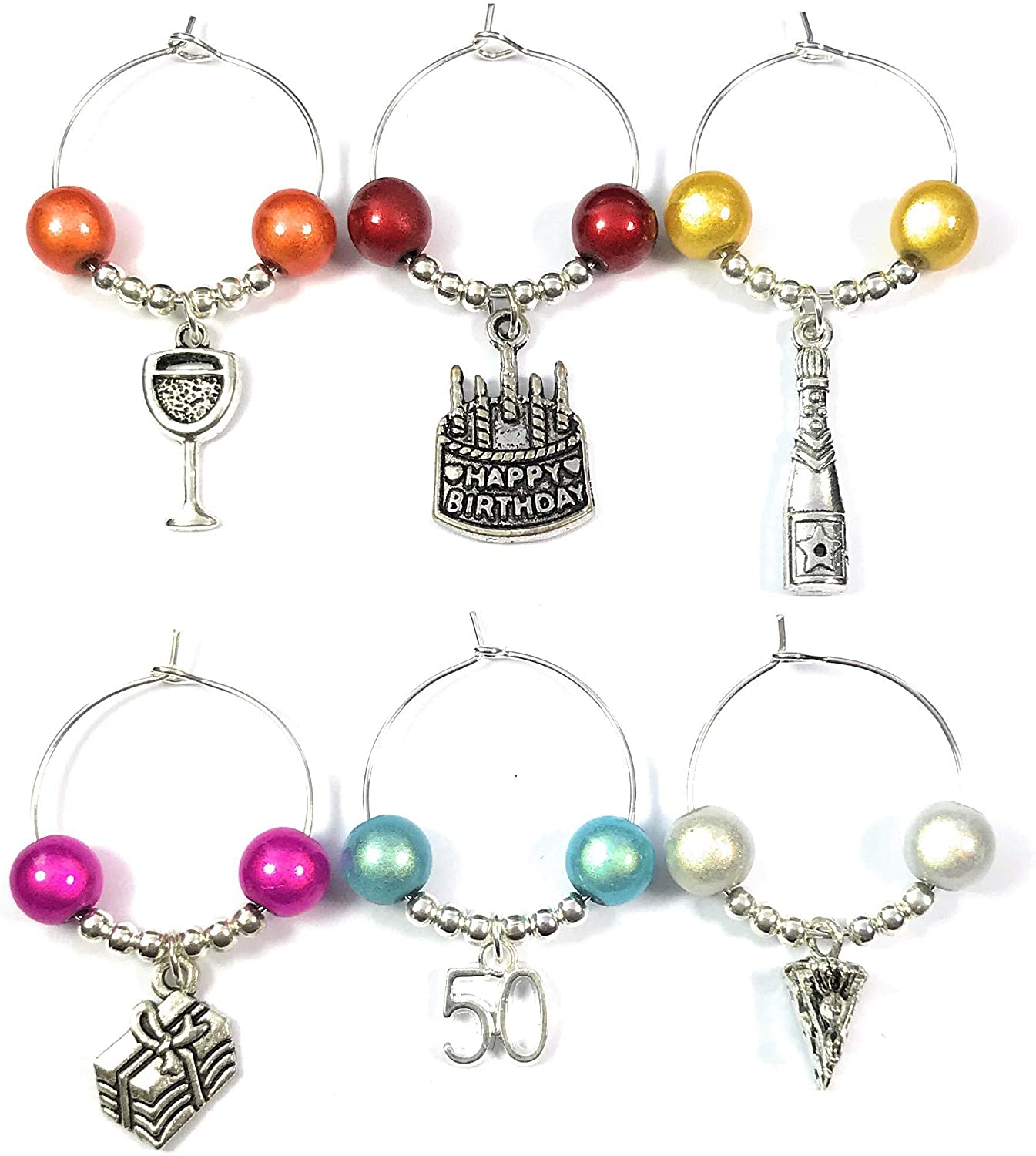 Libby's Market Place 50th Birthday Gift Wine Glass Charms with Gift Box and Birthday Gift Card, Silver, 8x18 - Image 2