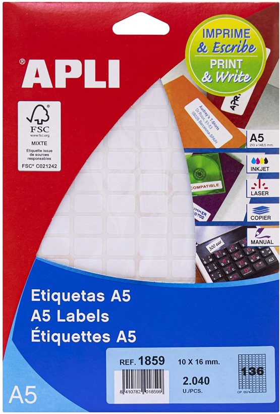 APLI 1859 White A5 Labels 10 x 16 mm 15 Sheets - Image 2