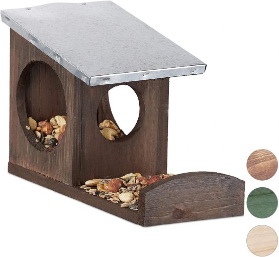 Relaxdays, Dark Brown Squirrel Feeder, Wooden House, Weatherproof Metal Roof, Hanging, Garden Feeding Station