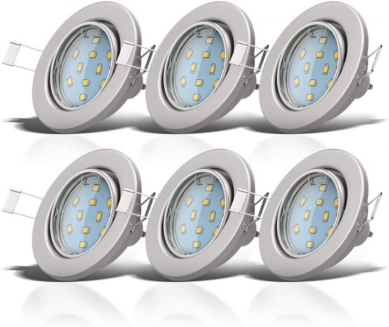 B.Kt - Set of 6 LED Recessed Spotlights with 6X 3W GU10 Bulbs Included and Swivel Design, Matte Nickel, Round