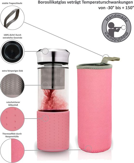 Creano"Teamaker" - Tea Bottle to go from Glass with Strainer for Loose Tea - 400ml (Pink) - Image 4