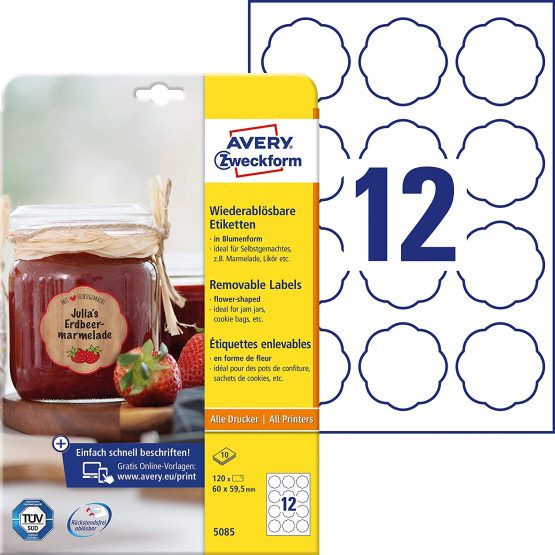 Avery Zweckform 5085 Jam Labels – A4 – 120 Labels, Removable, Flower 60 x 59, 5 mm, 10 Sheets, White