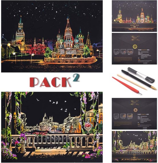 SiYear Scratch Paper Rainbow Painting Sketch, City Series Night Scene,Scratch Painting Creative Gift,Scratchboard for Adult and Kids with 4 Tools'' (Russia and Venice