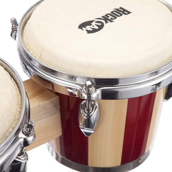 RockJam RJ-100301 7" and 8" Bongo Set with Padded Bag and Tuning Wrench Red and Natural Stripe - Image 4