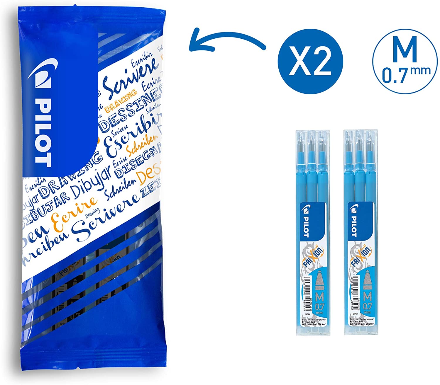 Pilot Frixion Rollerball Refill 0.7 Refill Pack of 6 Light Blue