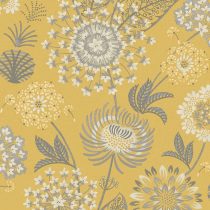 Arthouse Mustard Yellow Grey Wallpaper -Vintage Bloom Eye Catching Florals - Vibrant Feel - Muted Grey & Cream Flowers on Mustard Background - Fabric Look - Subtle Pearlised Finish 676206
