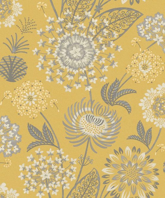 Arthouse Mustard Yellow Grey Wallpaper -Vintage Bloom Eye Catching Florals - Vibrant Feel - Muted Grey & Cream Flowers on Mustard Background - Fabric Look - Subtle Pearlised Finish 676206
