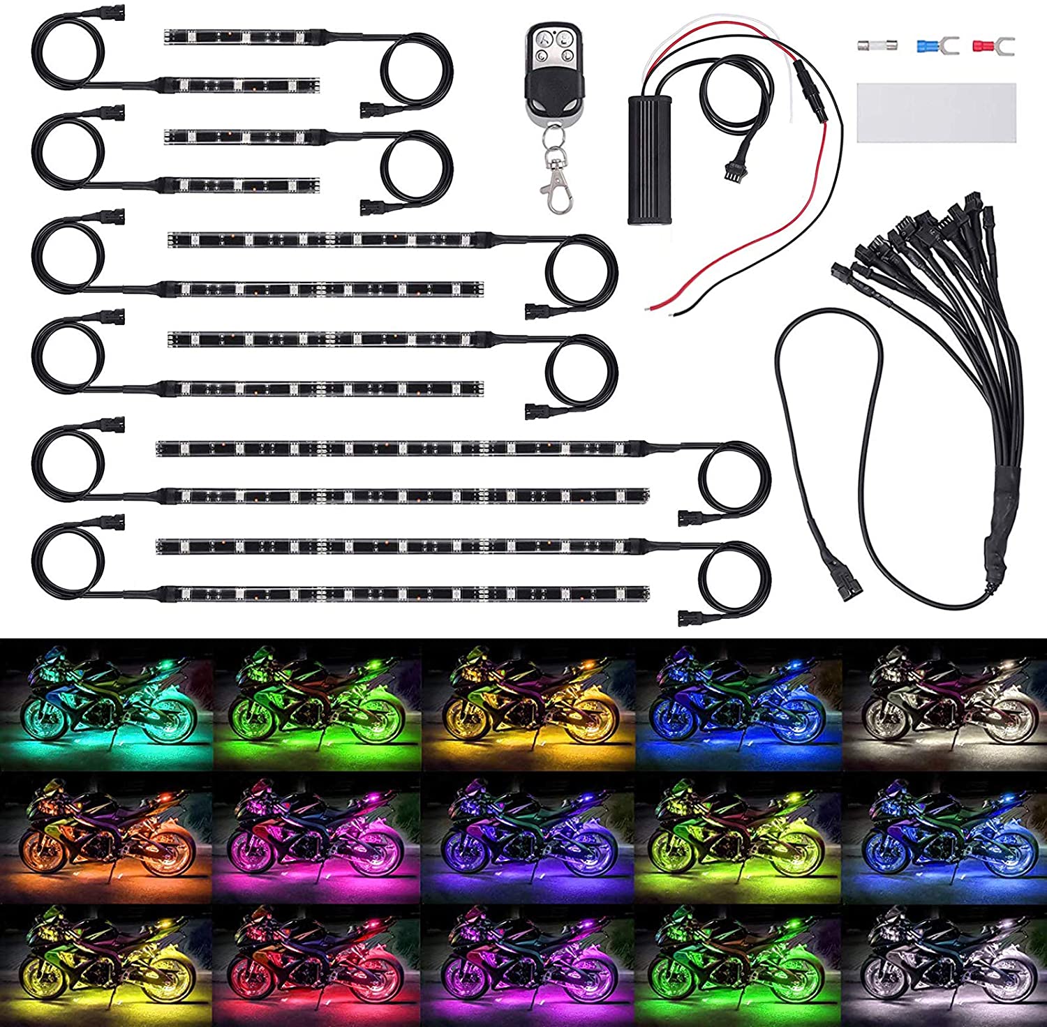 Justech 12pcs Motorcycle Light Strip Kit 15 Colors RGB 72LED Neon Flexible Light Strip Kit Wireless Remote