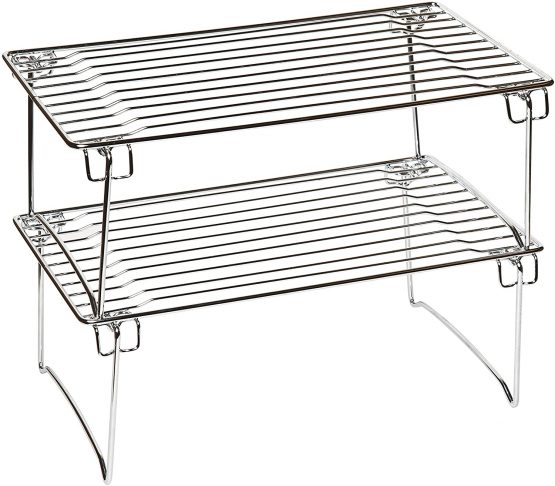 Amtido Kitchen Cupboard Organiser Storage Shelf Rack Stands for Cabinets, Pantry, Countertop Organisation - Stackable - Chrome, 2 Pack - Image 2