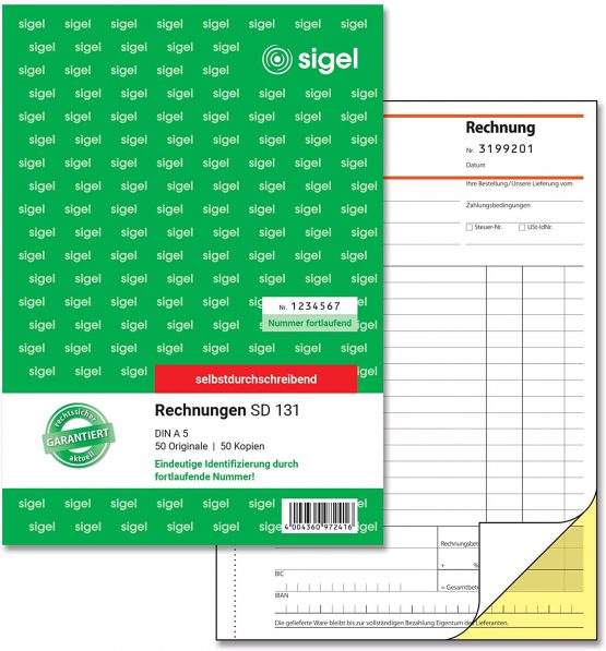 Sigel SD131 Invoices with Consecutive Numbering 1st and 2nd Printed sheets, non carbon duplicating pages, A 5 2 x 50 BL