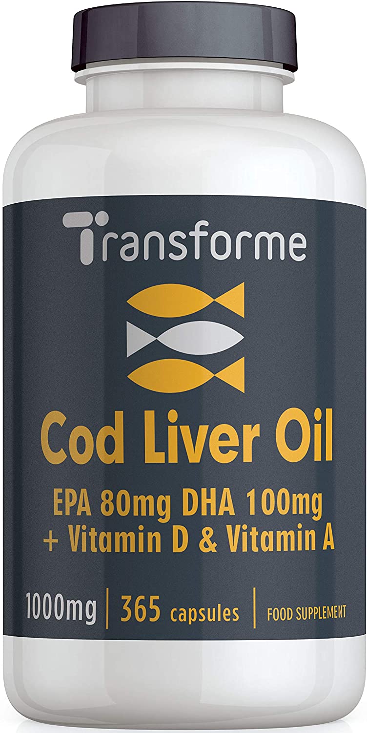 Cod Liver Oil Capsules High Strength 1000mg 365 Omega 3 Softgels, EPA DHA Vitamin A, Vitamin D3, 1 Year Supply, Heart, Brain