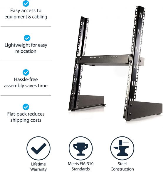 StarTech 12U Open Frame Network Rack - 19" 2 Post Free Standing Desktop Rack for Computer, AV, Media, IT, Data & Server Room Equipment (RK12OD),Black - Image 3
