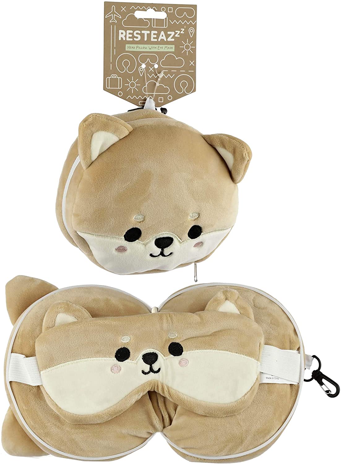 Puckator Relaxeazzz Shiba Inu Dog Round Plush Travel Pillow & Eye Mask, Sleep Eye Mask Masks