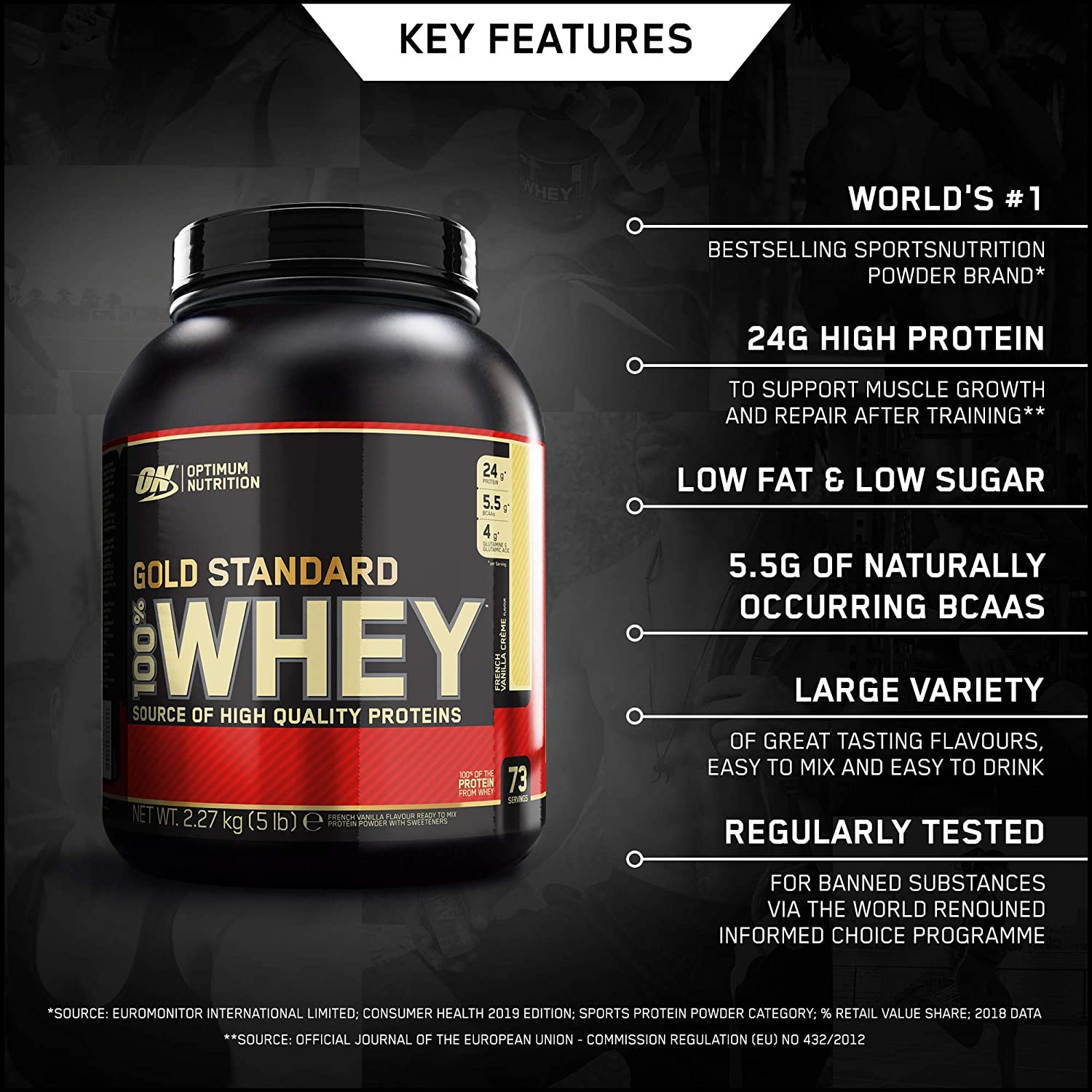 Optimum Nutrition Gold Standard 100% Whey Protein Powder for muscle building and recovery French Vanilla Crème, 2.28kg - Image 3