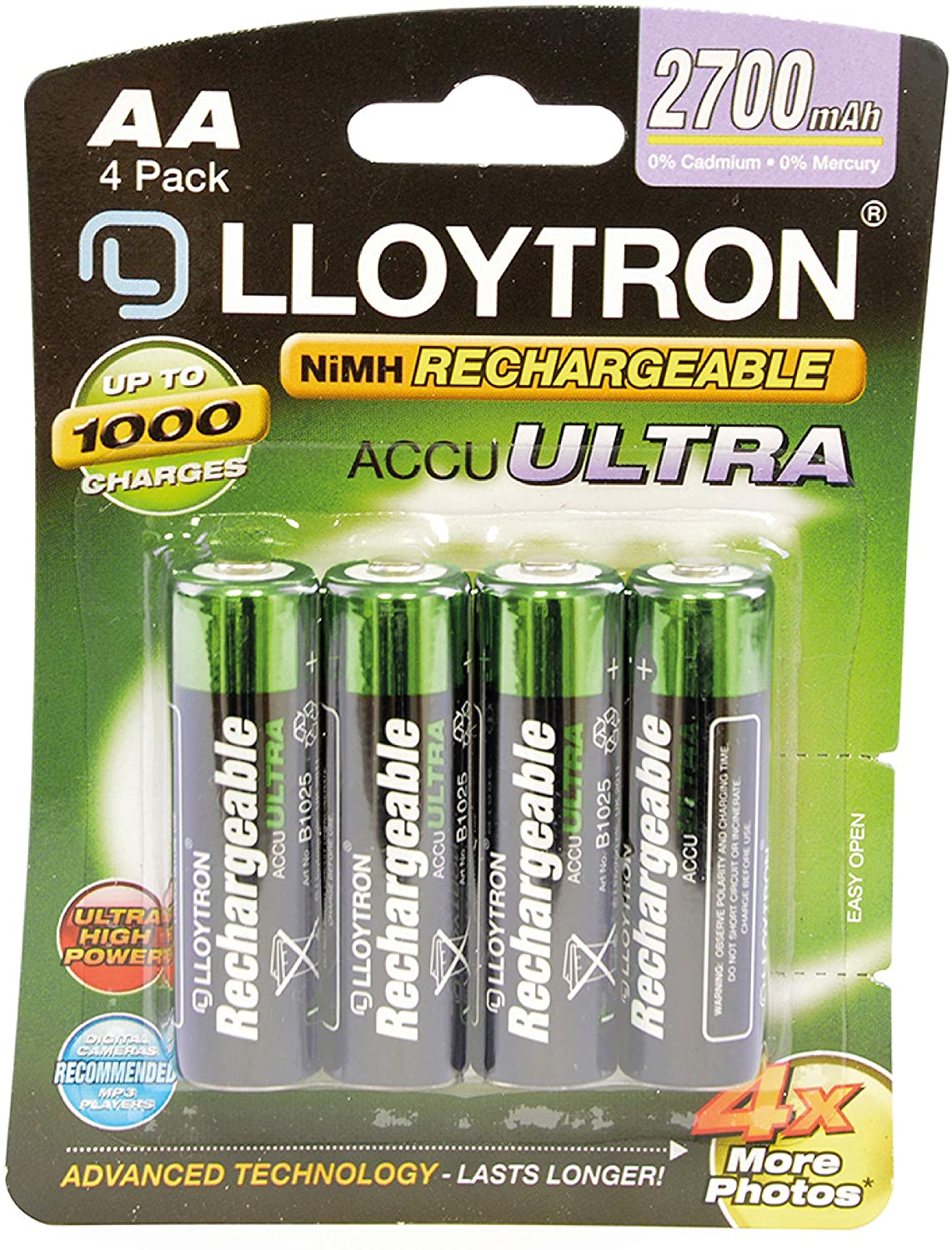 LLOYTRON NiMH Rechargeable AccuUltra Batteries / AA Size / 2700mAh / 4 Pack - B1025, Green, AA 2700mAh (4 Pack) - Image 2