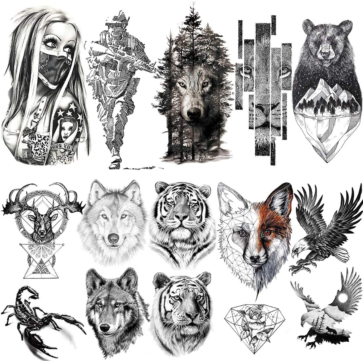 LAROI 10 Sheets Large Realistic Animal Tiger Temporary Tattoos For Men Arm Soldier Fake Tattoos Temporary Adults Women Scorpion Wolf Deer Elk Eagle Bear Dot Sketch Black Tatoo Stickers Girls Kids