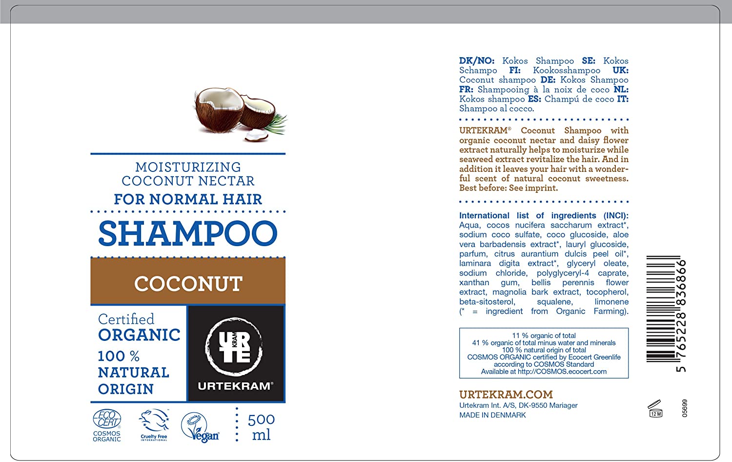 Urtekram Shampoo Coconut - Normal Hair - Vegan, Organic, Moisturizing, Natural Origin, Sweet, 500 ml, 500 ml (Pack of 1) - Image 4