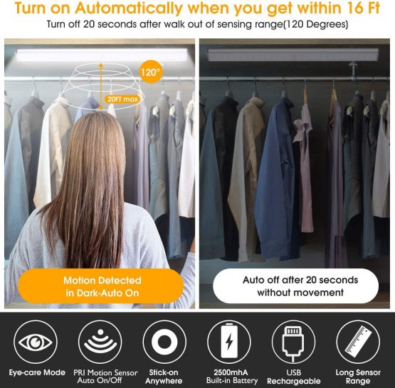 Under Cabinet Wardrobe Lights, 78 LED Motion Sensor Closet Lights, Wireless Rechargeable Cupboard Light, Stick-on Anywhere Magnetic Night Lighting - Image 4
