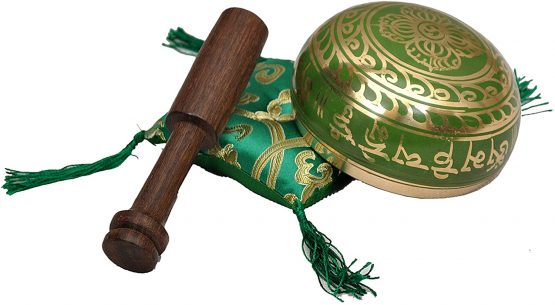 Tibetan Singing Bowl Set By Dharma Store - With Traditional Design Tibetan Buddhist Prayer Flag - Handmade in Nepal (Green) - Image 3