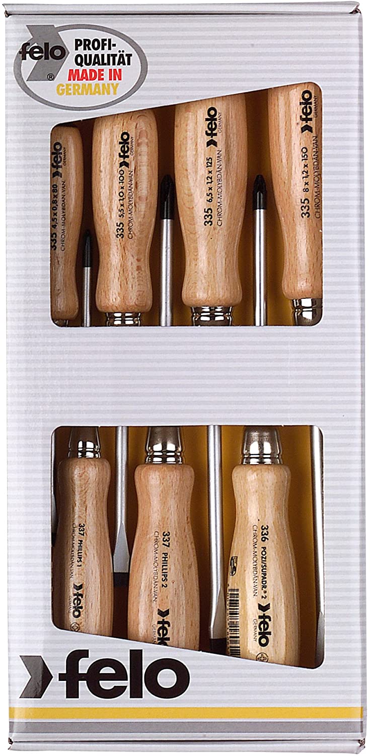 Felo 330 00033597198 Screwdriver Set 7-Piece, Non-glare, Matte Finish Blade W/Beechwood Grip, 7PC Set