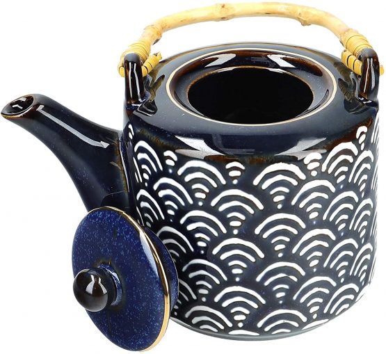 Mikasa Satori Japanese Teapot with Wave Pattern and Bamboo Handle, Porcelain, Indigo Blue/White, 500 ml - Image 2