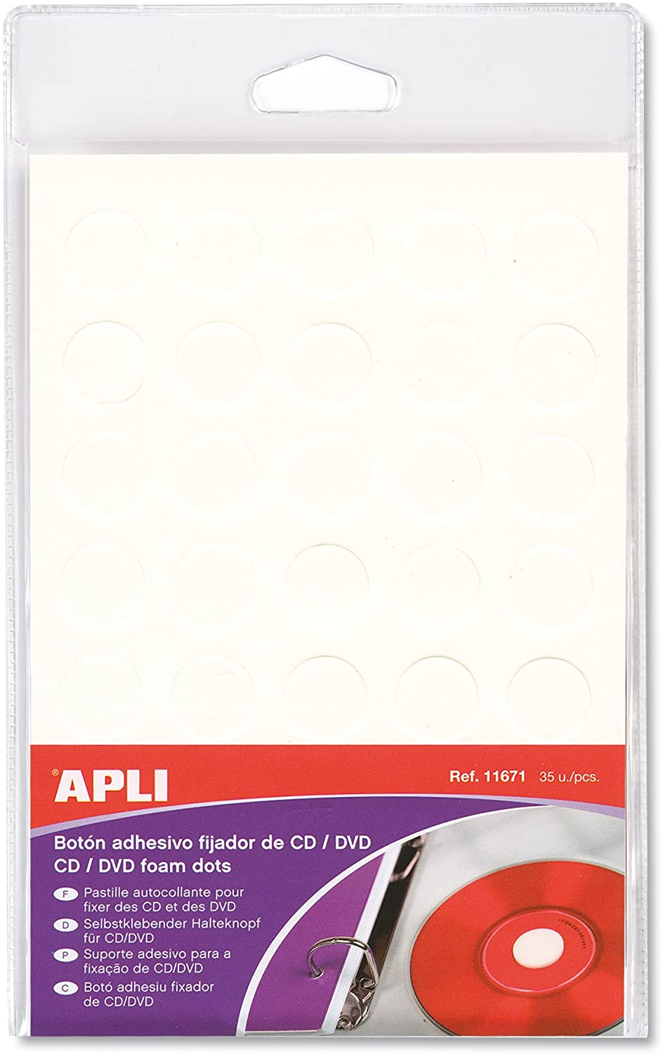Apli-Agipa Self-Adhesive Dots for CDs/DVDs Diameter 15 mm Pack of 35, transparent, 15 month