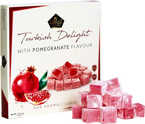Cerez Pazari Turkish Delight with Pomegranate Flavour 454 gr Gourmet Medium Size Snacks Gift Box No Nuts Sweet Luxury Traditional Confectionery Vegan Candy Dessert Glucose Free Lokum Approx 42 Pcs