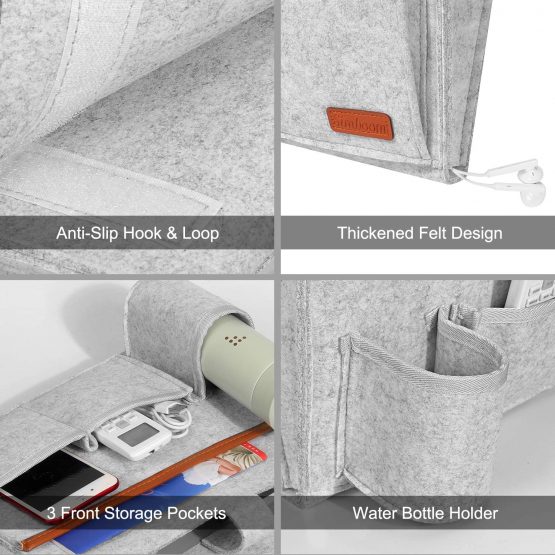 Simboom Felt Bed Pocket Anti-slip Hanging Storage Organizer with Water Bottle Holder for Home Bed Rails, Sofa, Bunk Beds - Dark Grey - Image 4