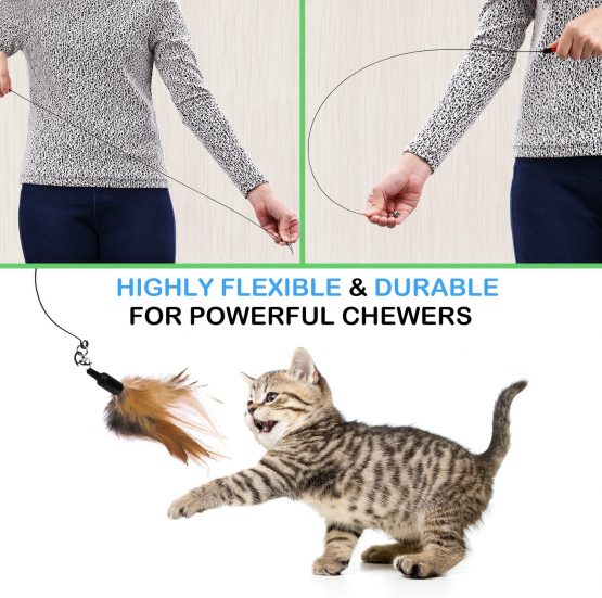 Pawaboo Feather Teaser Cat Toy, Interactive Feather Wand Cat Toy Flying Feather Cat Catcher with Extra Long 31.5" Wand and Small Bell, Fun Exerciser Playing Toy for kitten or cat, Brown Feather - Image 3