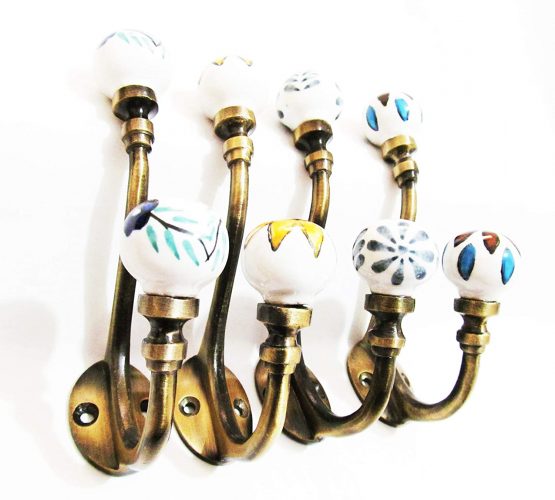 4 x Vintage Look Floral Wall Metal Painted Ceramic Coat Hook Hanger Door Cafe Office