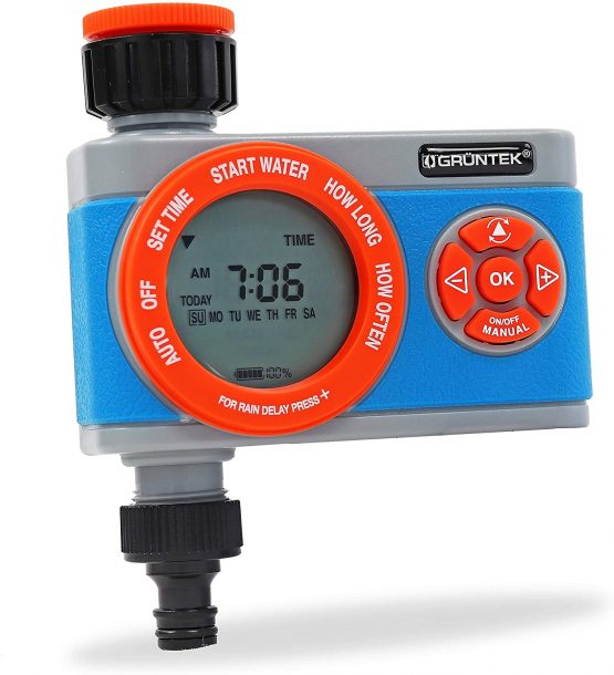 GRÜNTEK Digital water timer for garden lawn irrigation, hose/tap timer with display, flexible watering choice of weekdays and watering timer from 1 min to 360 min