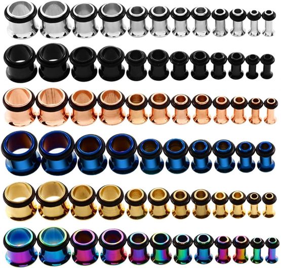 KUBOOZ 9pairs Stainless Steel Single Flared Ear Plugs Kit Tunnels Gauges Stretcher Piercings Mixed Size 14G-00G