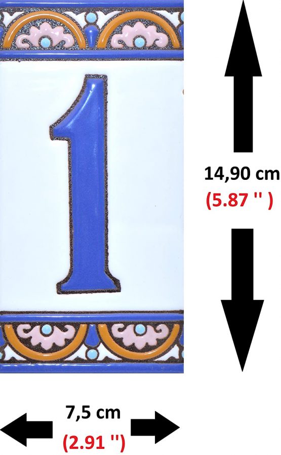 House numbers 6 inch. Handpainted house number tiles for signs, addresses and names. Address numbers for houses. House address numbers and letters. Design ARCO GRANDE 5,86" x 2,91" (NUMBER 1) - Image 2