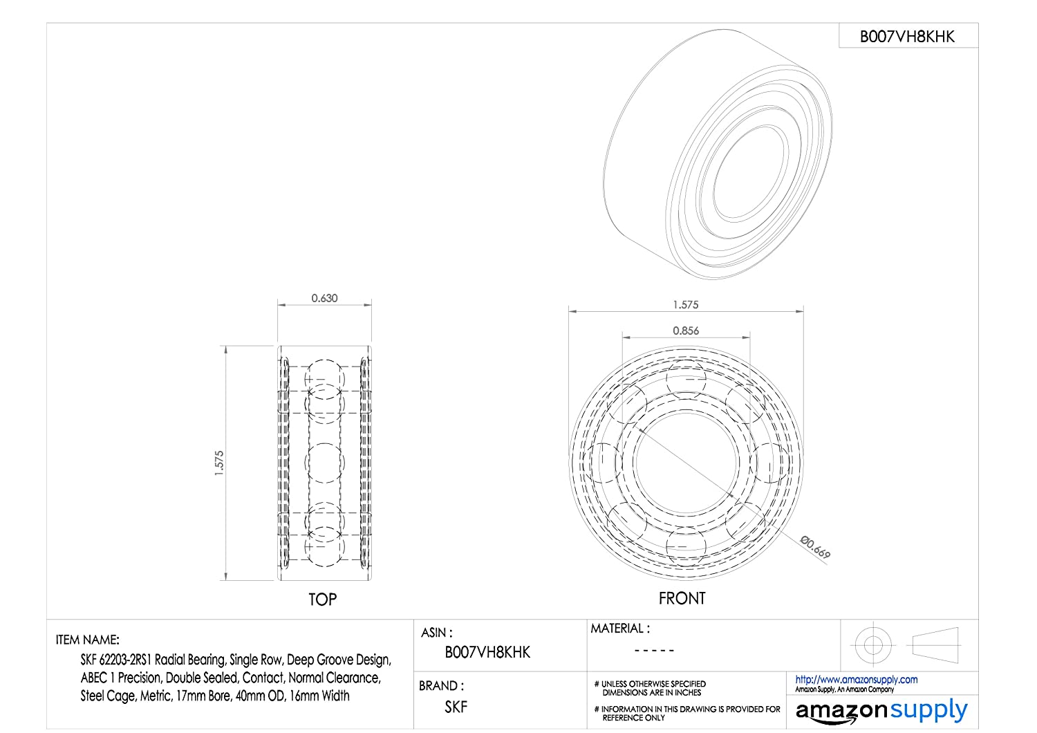 SKF Radial Deep Groove Ball Bearing, 17 ID, Bearing steel - Image 2